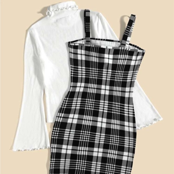 Sleeve Lettuce Trim Top& Plaid Print Cami Dress - Picture 5 of 7